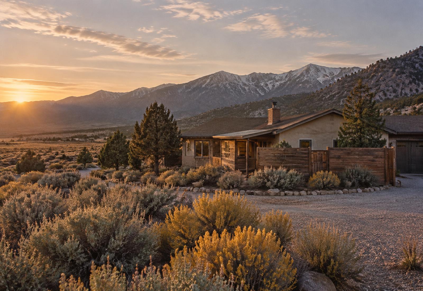 High-desert home with a cedar fence on a sagebrush lot, mountains rising in the distance near Carson City